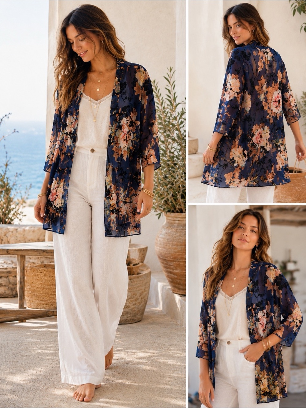 Papillon Velvet Burnout Floral Kimono Cardigan | Navy Bo - Picture 2 of 8